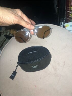 Emporio Armani Silver Frame Brown Lens Designer Sunglasses with Black Case